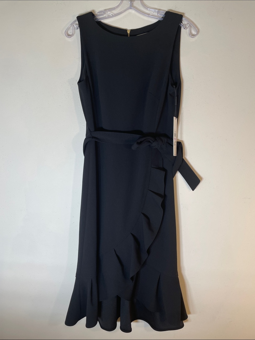 Calvin Klein Black Sleeveless Tie Waist Ruffle Wrap Midi Dress. 6. NWT. - Picture 2 of 12